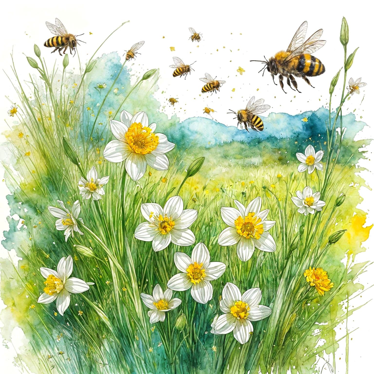 Narcissi Flowers and Bees in Peaceful Meadow Watercolor