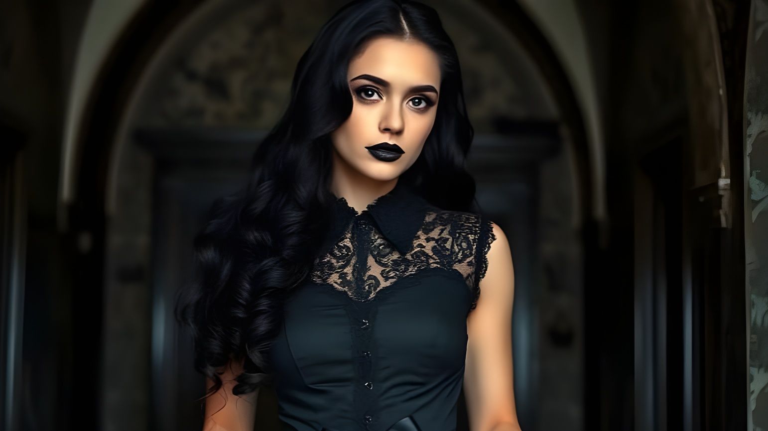 Gothic Woman in Victorian Dress in Spooky Mansion