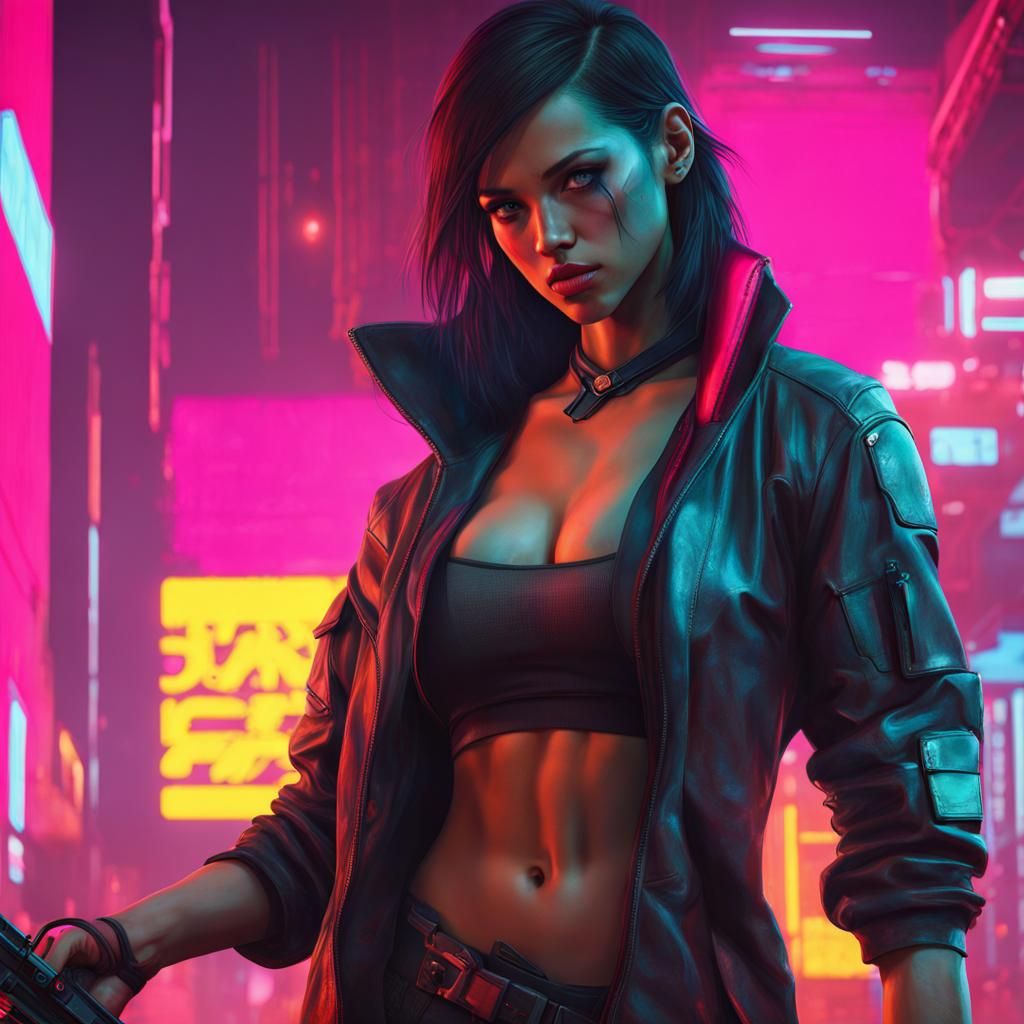 Cyberpunk Woman in Neon Cityscape