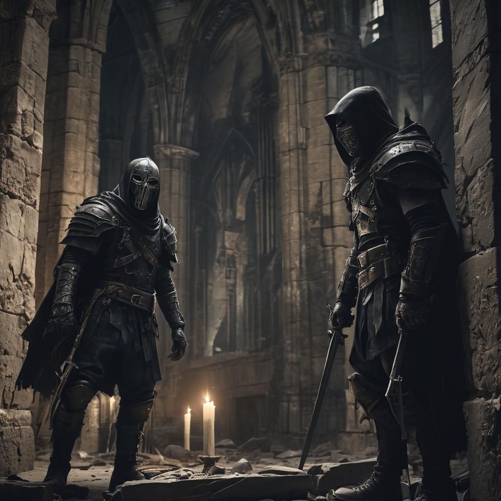 Masked Warriors Clash in Dark Surrealism Cathedral