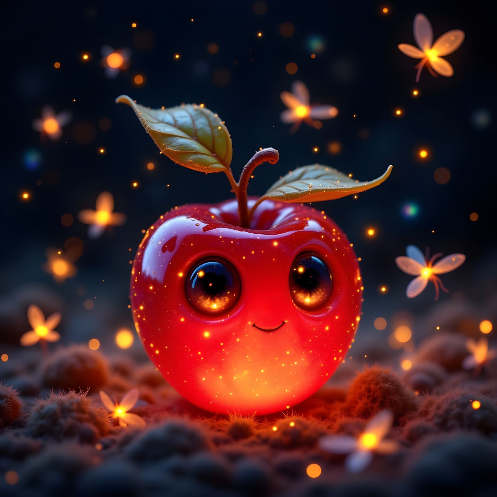 Cute Glass Apple in a Dark Glow with Expressive Eyes