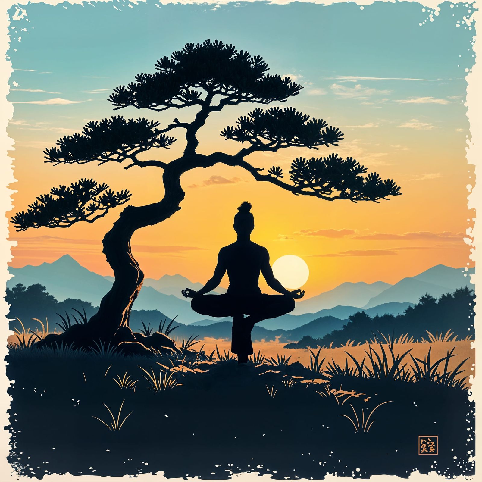 Asian Man Silhouetted in Yoga Pose by Bonsai Tree
