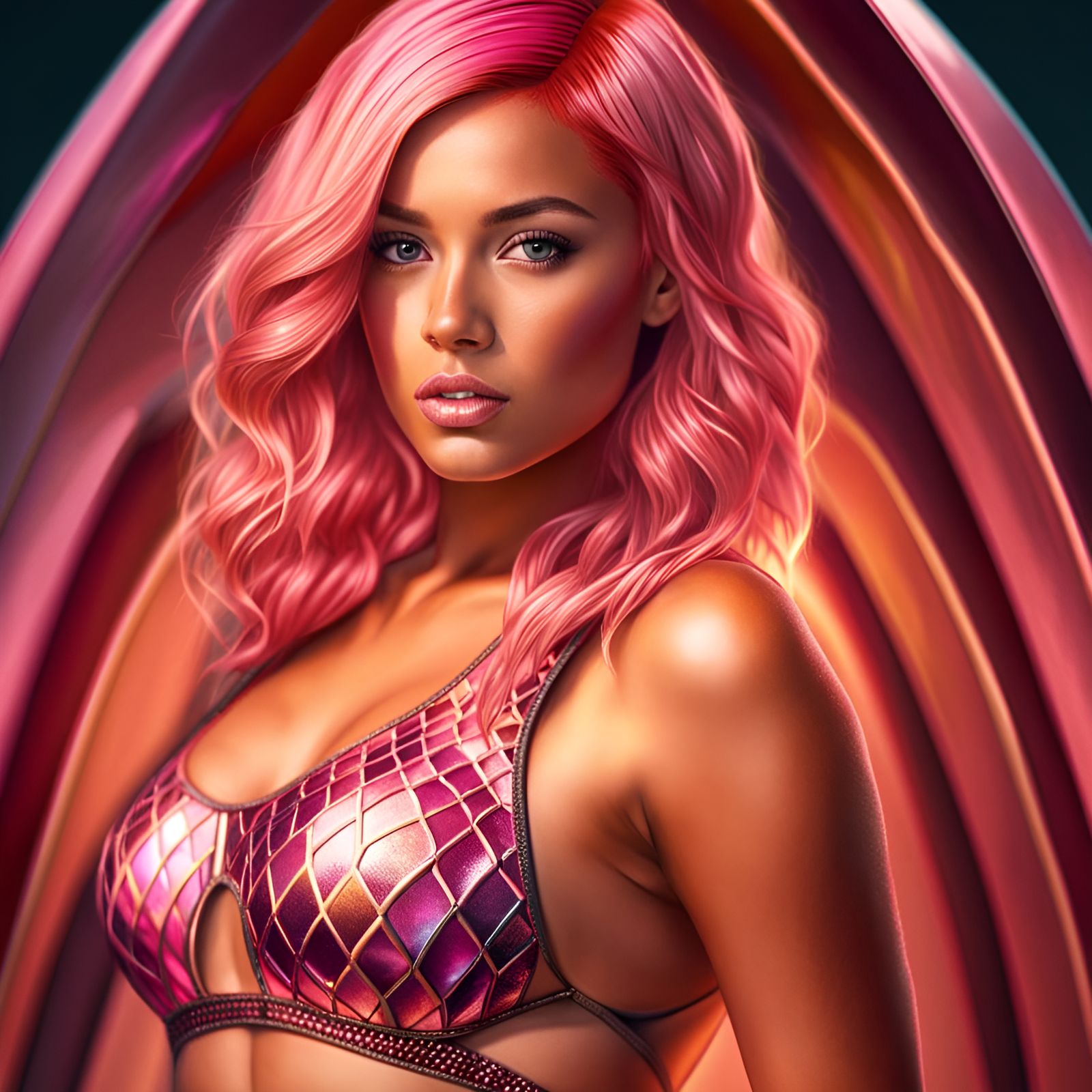 Voluptuous Pink-Haired Model in Gemstone Swimsuit