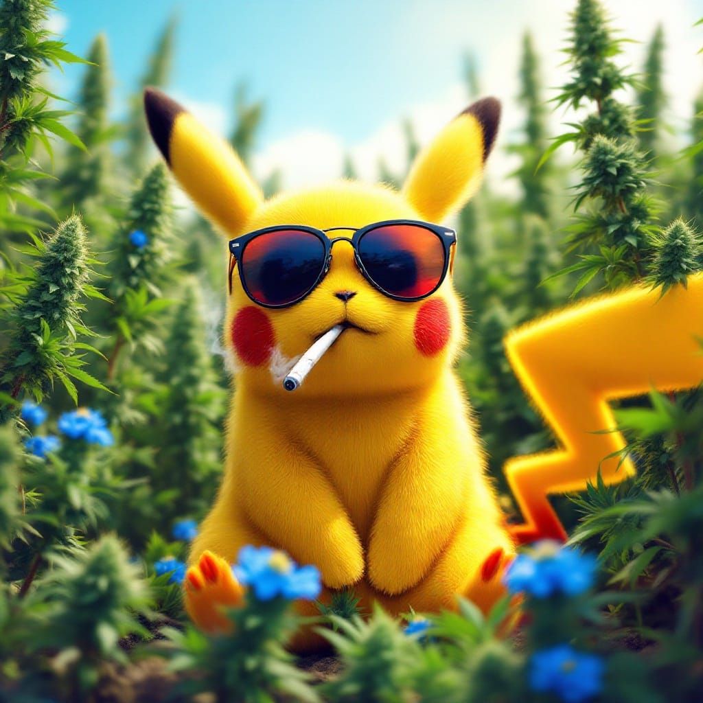 Pikachu in a Laid-Back Cannabis Landscape