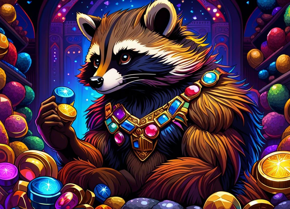 Anthro Raccoon Bodybuilder Gems, Klimt-Inspired Art