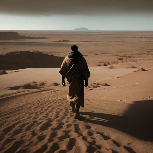 Lone Nomad in Desolate Landscape: Cinematic Still