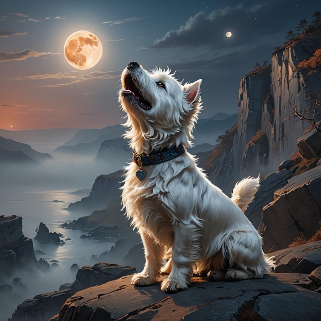 Westie Howling at Moon: Fantasy Concept Art