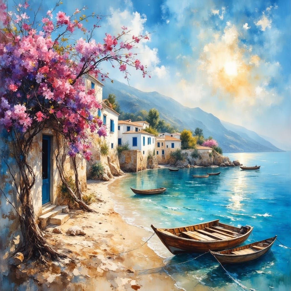 Greek Fishing Village Oil Painting with Bougainvillea