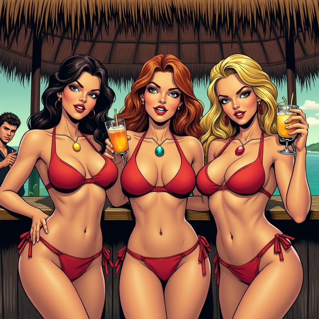 Tiki Bar Cheers: Women in Fiji, Comic Book Style