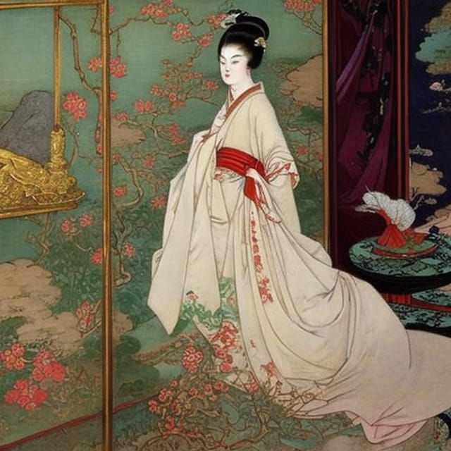 Geisha in Kimono: Steampunk Art Nouveau Painting