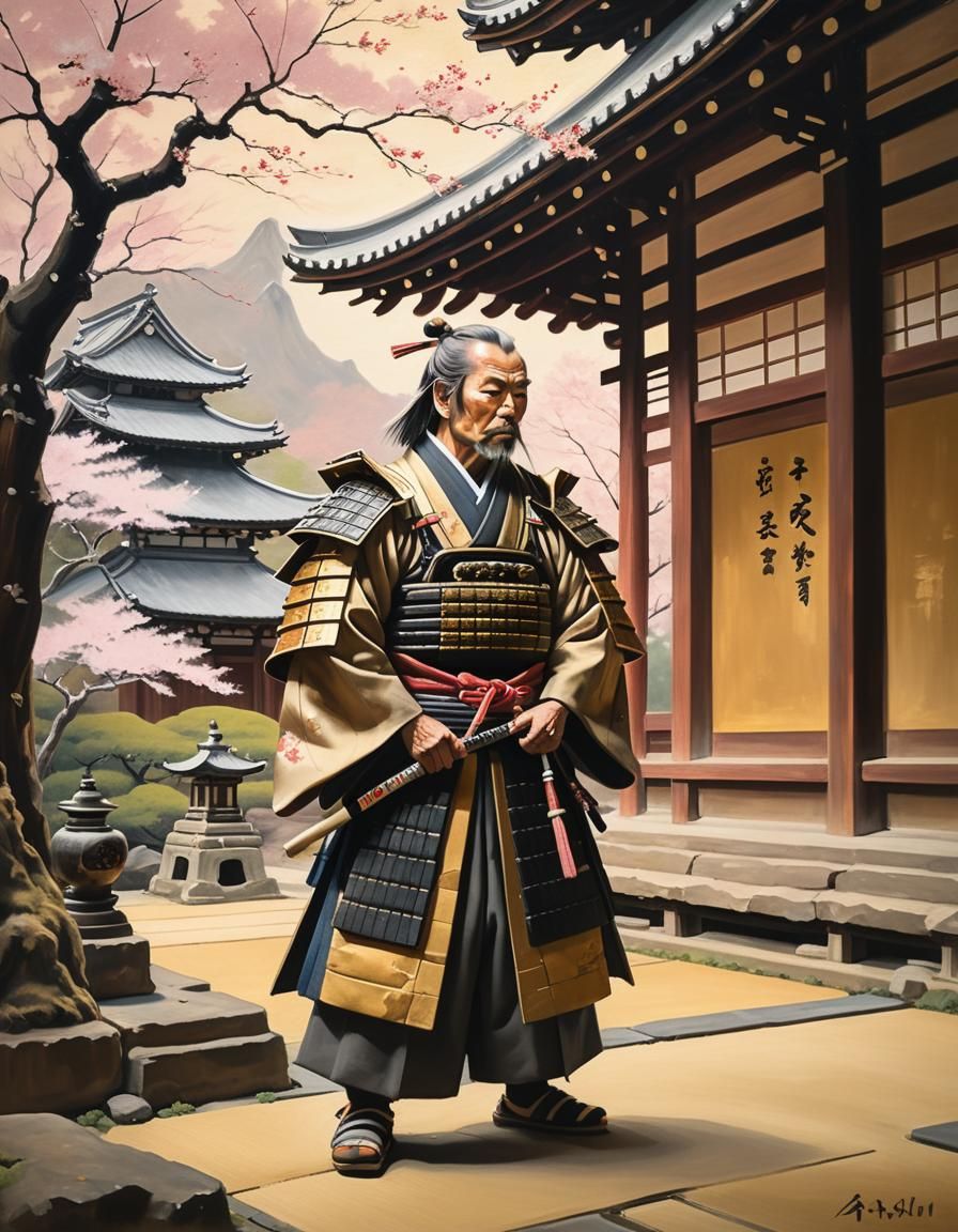 Samurai in Temple: An Impressionist Oil Painting