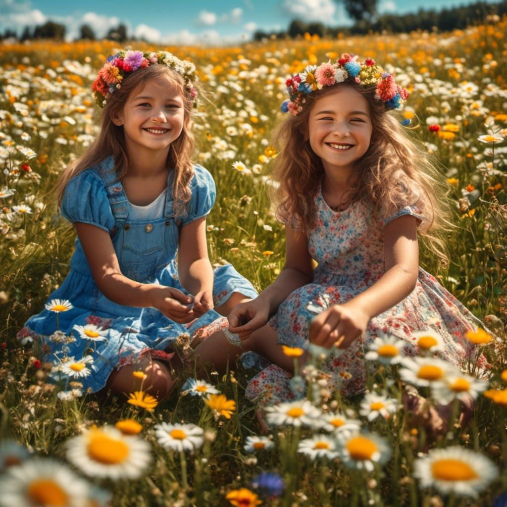 Happy Sisters Making Daisy Chains in Flower Field