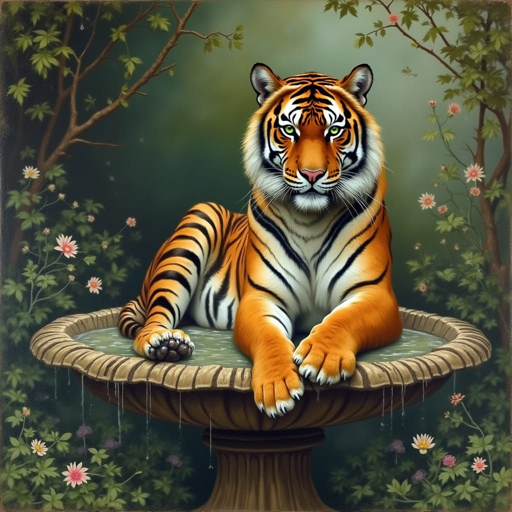 Tiger in Overgrown Garden: Vintage Oil Painting