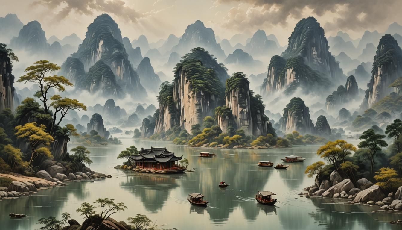 Guilin Mountains: Hyper-Realistic Vintage Oil Painting