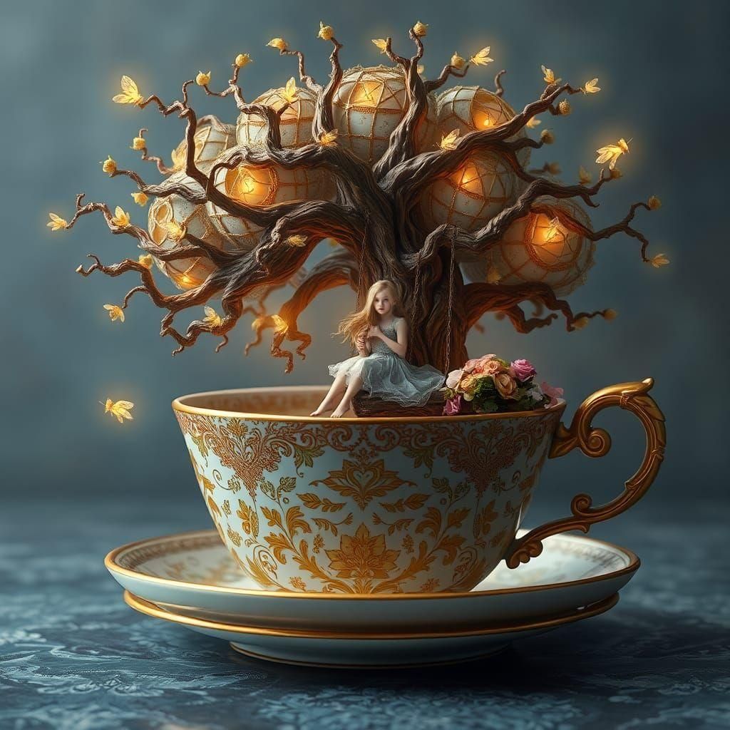 Surreal Teacup Scene with Luminous Caterpillars