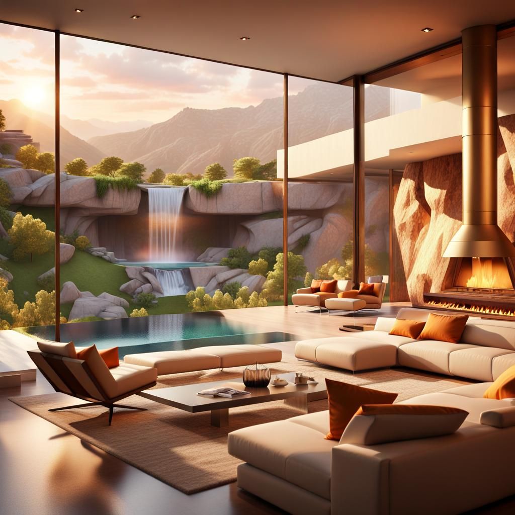 Ultramodern Cliffside Home Interior with Waterfall