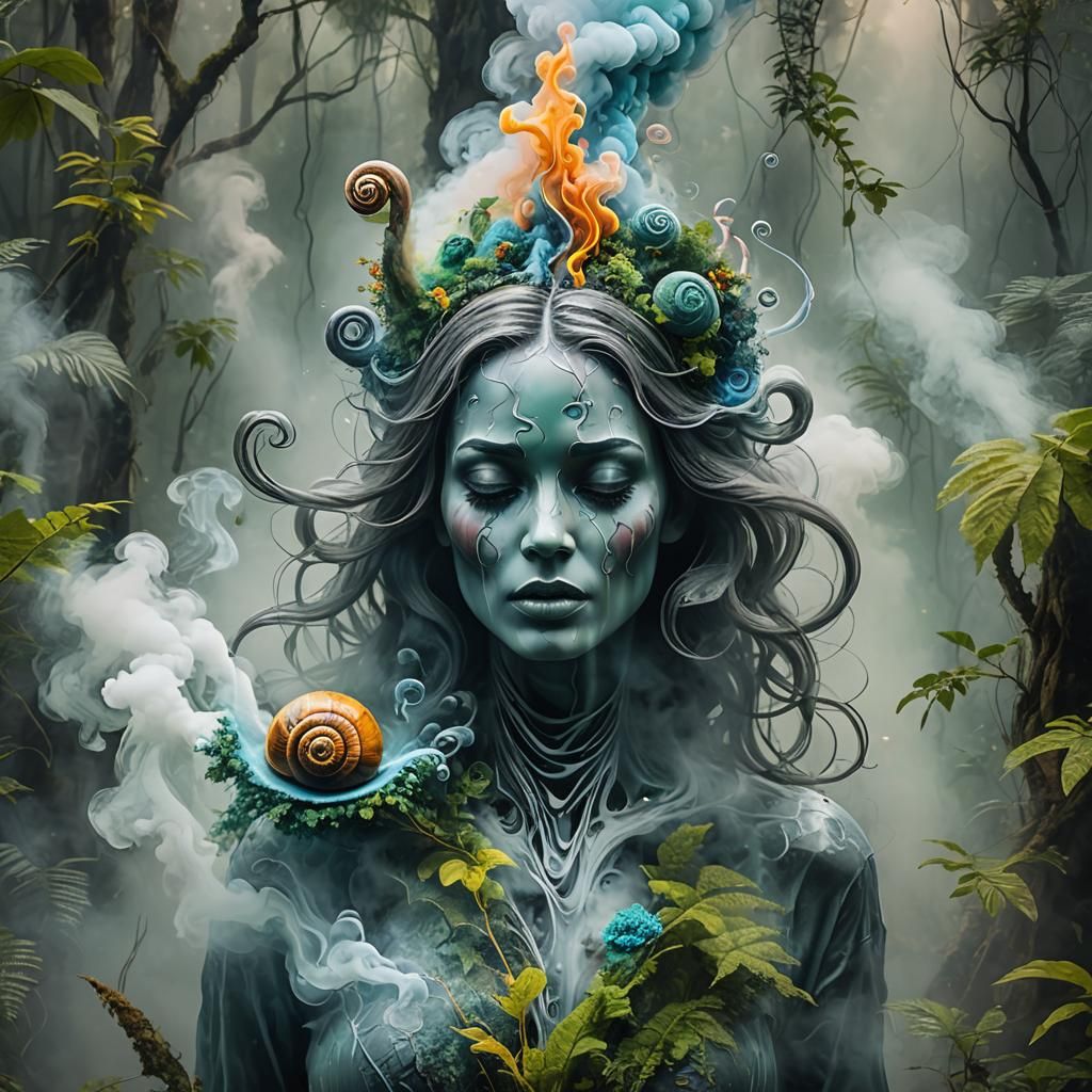 Ethereal Earth Woman in Smoky Rainforest
