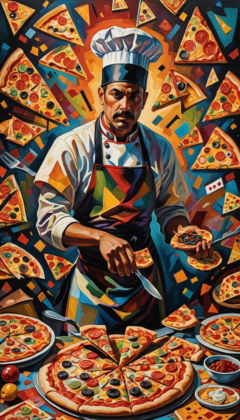 Death the Pizza Chef: Cubist Oil Painting
