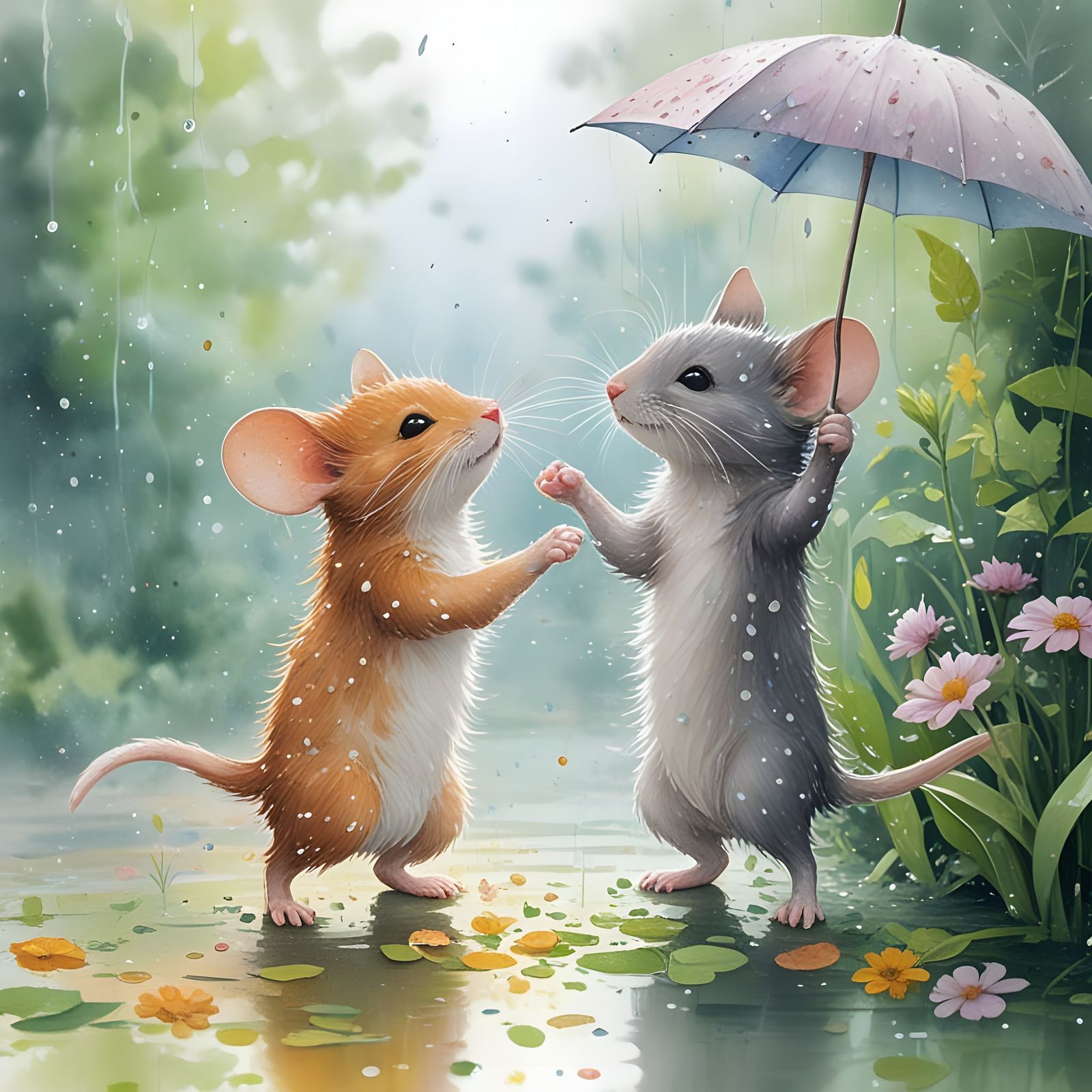 Mouse and Kitten Dancing in Watercolor Rain