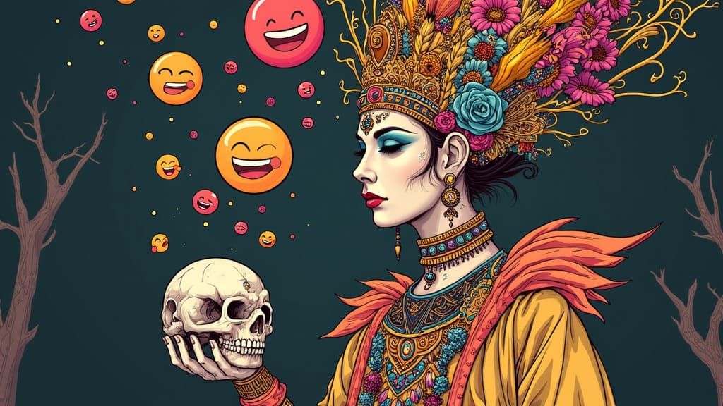 Mystical Woman with Skull in Whimsical Style