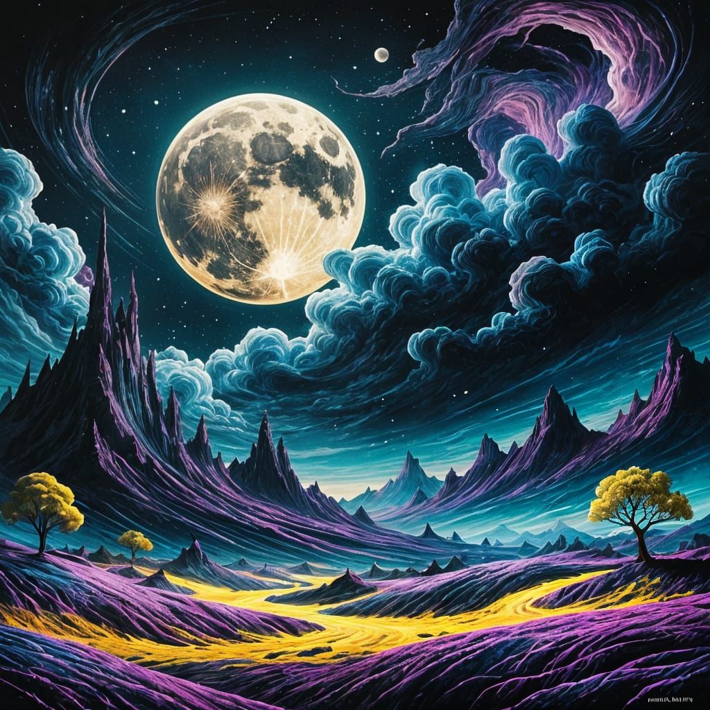 Surreal Moonrise in Cosmic Dreamscape: 3D Anime Art