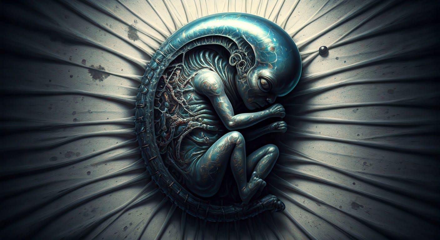 Biomechanical Alien Embryo in Distressed Canvas