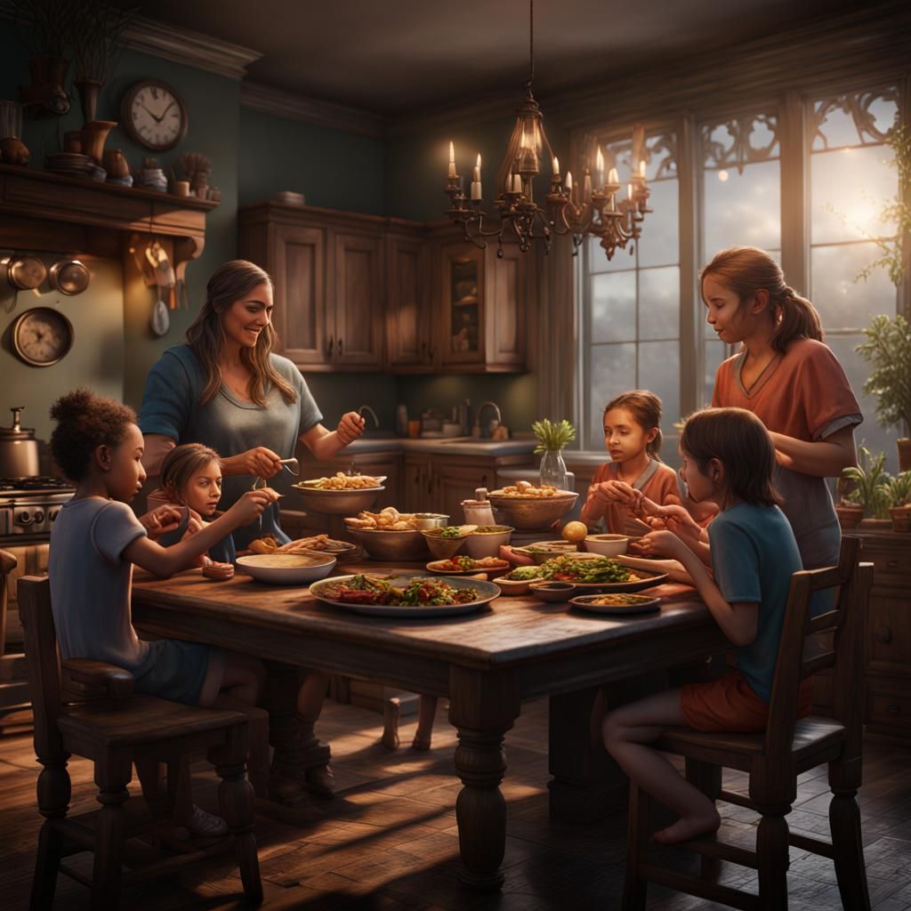 Family Meal at Home in Detailed Matte Painting Style