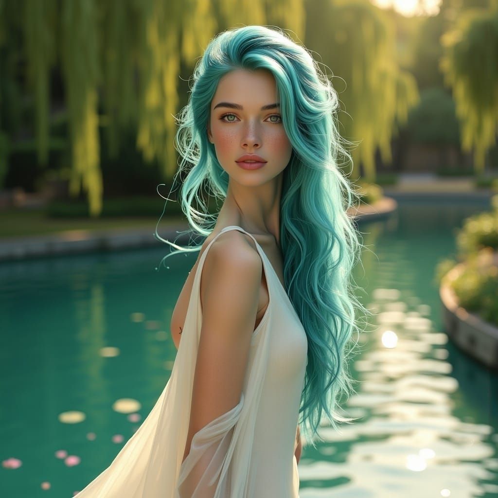 Ethereal Young Woman in Serene Park with Azure Bird