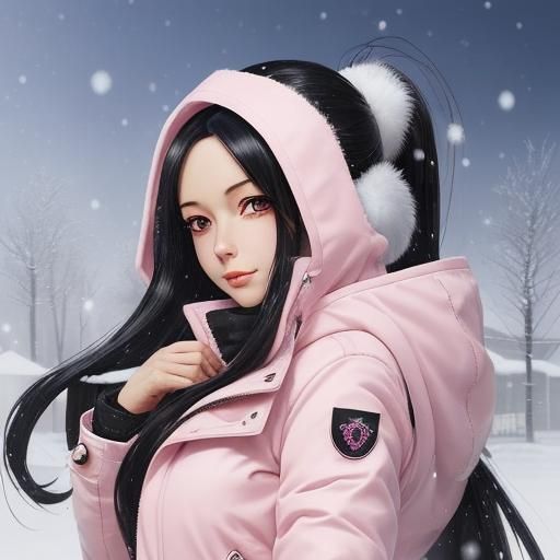 Anime Girl in Pink Coat Enjoys Winter Snow