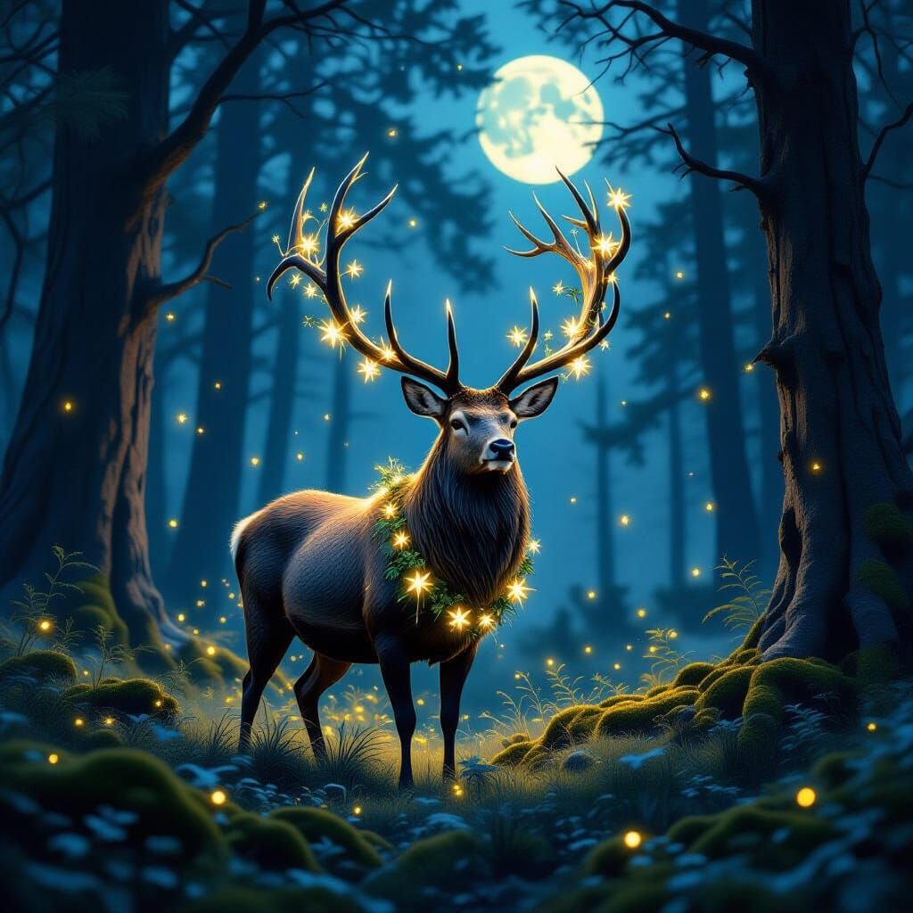 Bioluminescent Stag in Moonlit Forest Clearing