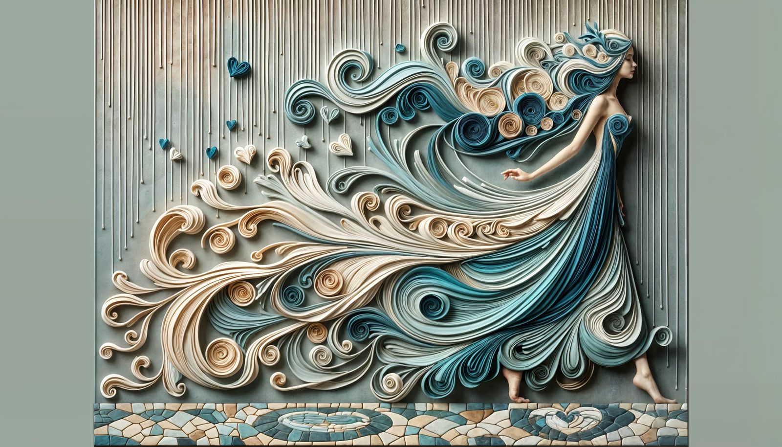 Art Nouveau Woman with Flowing Ribbon Dress