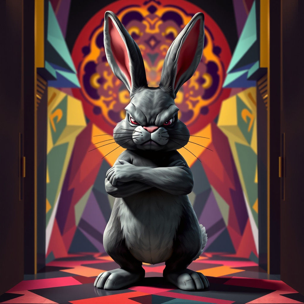 Grumpy Bunny Bouncer in Cubist Art Deco Style