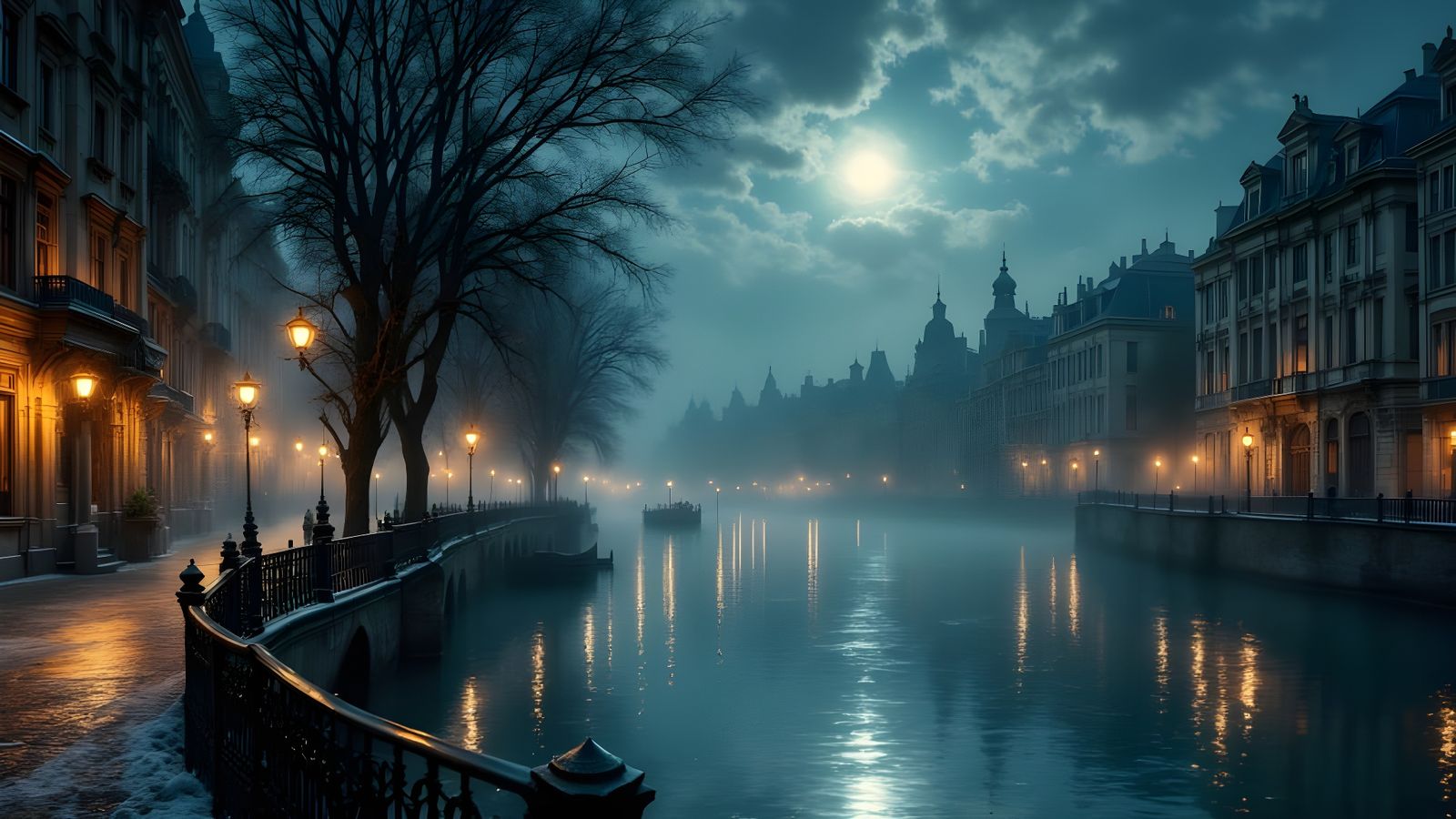 Moonlit Riverwalk Amidst 19th Century Architecture and Mist