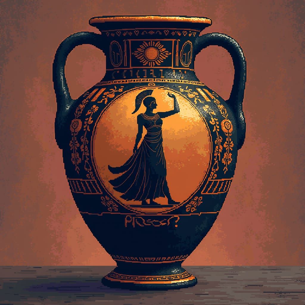 Pixelated Goddess on Greek Vase in Retro Style
