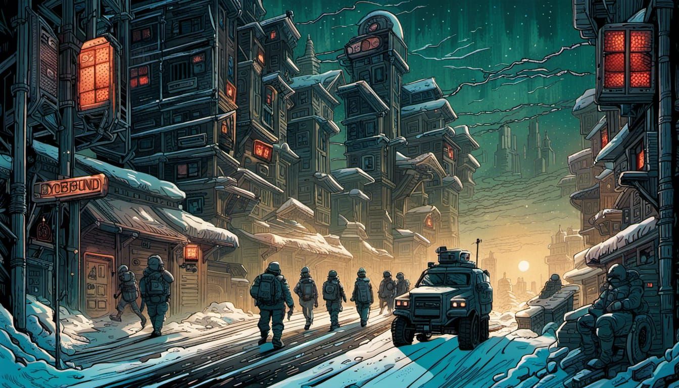 Dystopian Military Police Patrol Snowbound City