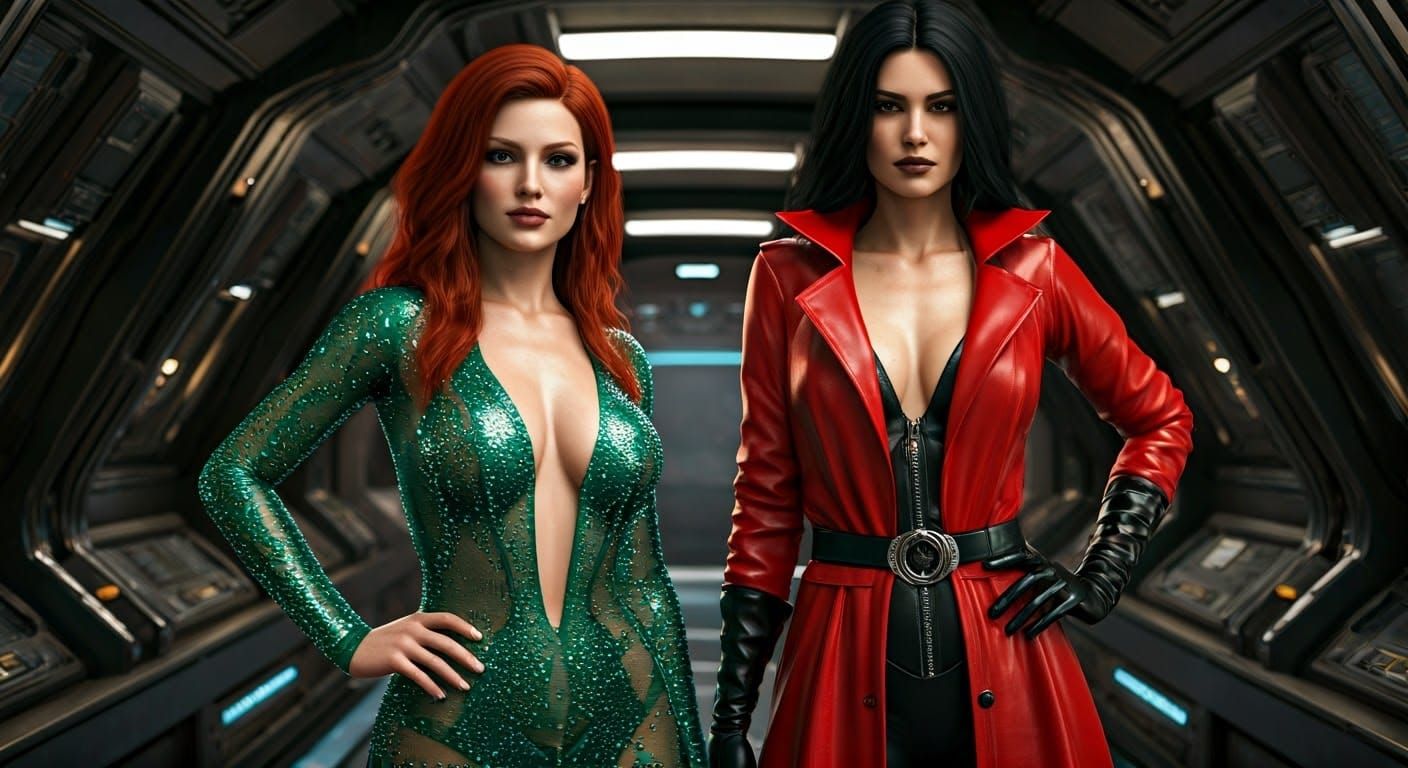 Two women stand confidently side by side, each adorned in st...