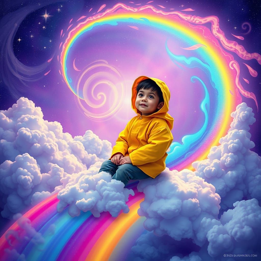 Young Boy Sits on a Vibrant Rainbow in Cosmic Dreamscapes