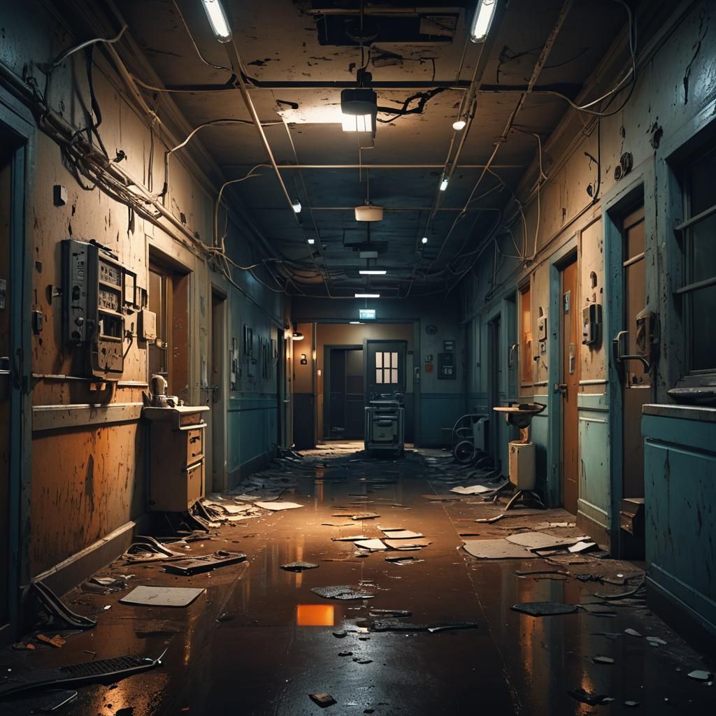 Abandoned Hospital Hallway in Industrial Sci-Fi Style