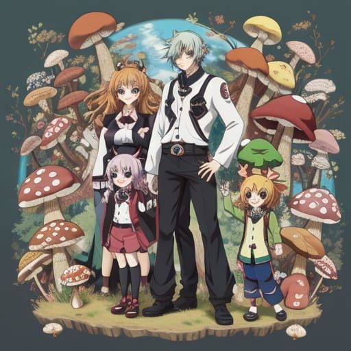 A crazy happy anthropomorphic shiitake mushroom anime family...