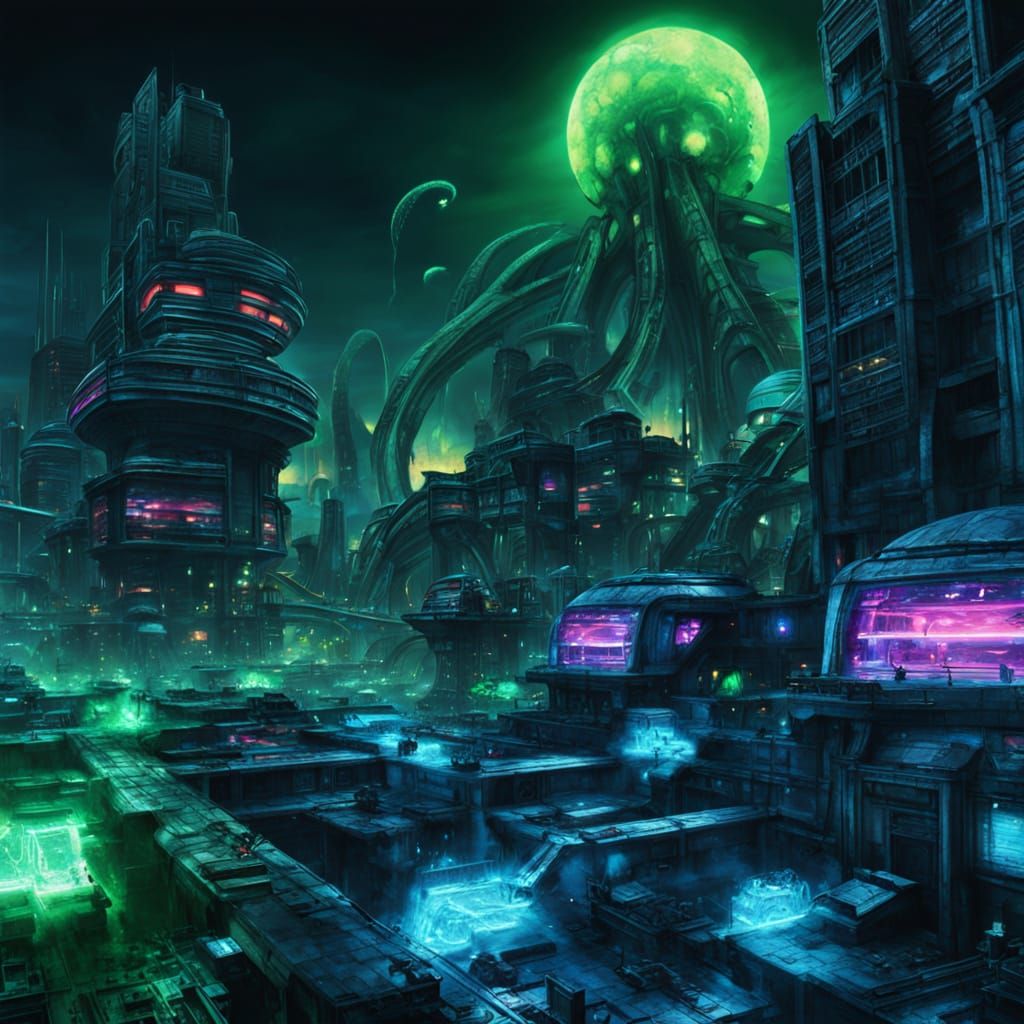 Futuristic City Under Alien Attack: Vivid Digital Art