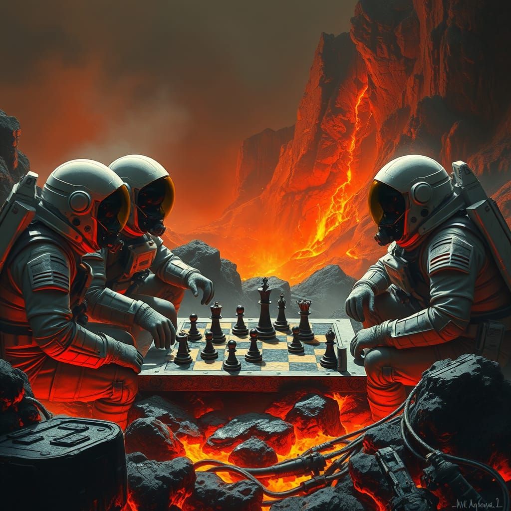 Astronauts Engage in Tense Lava Chess Match on Volcanic Plan...