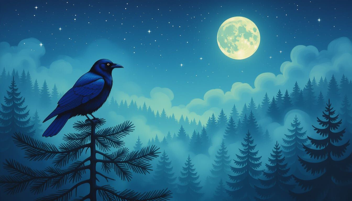 Bioluminescent Crow in Misty Forest at Night