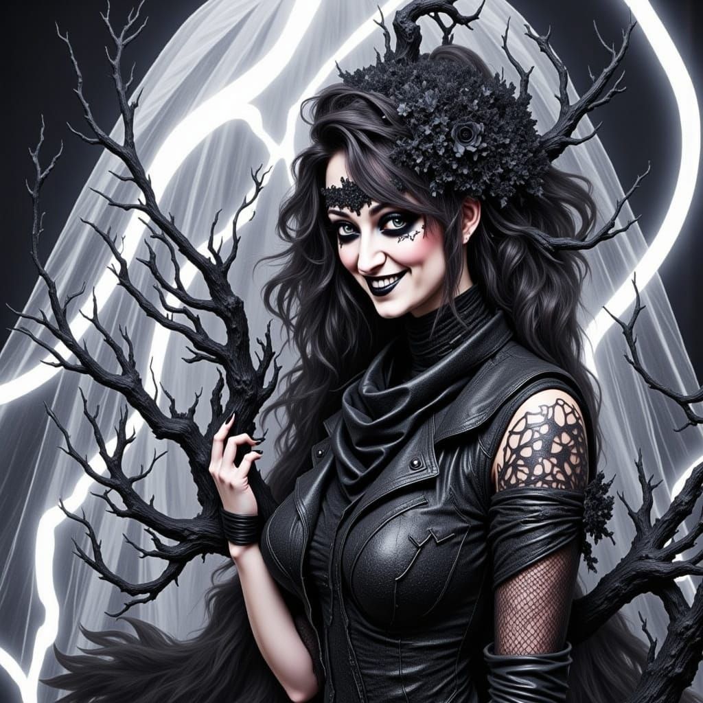 Alluring Woman with Metallic Eyes in Electric Lighting