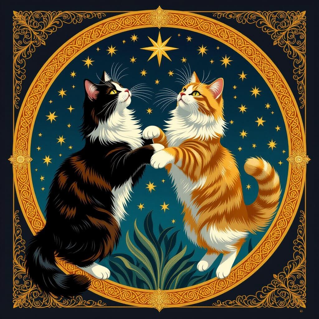 Klimt Style Golden Cats Leap Among Stars
