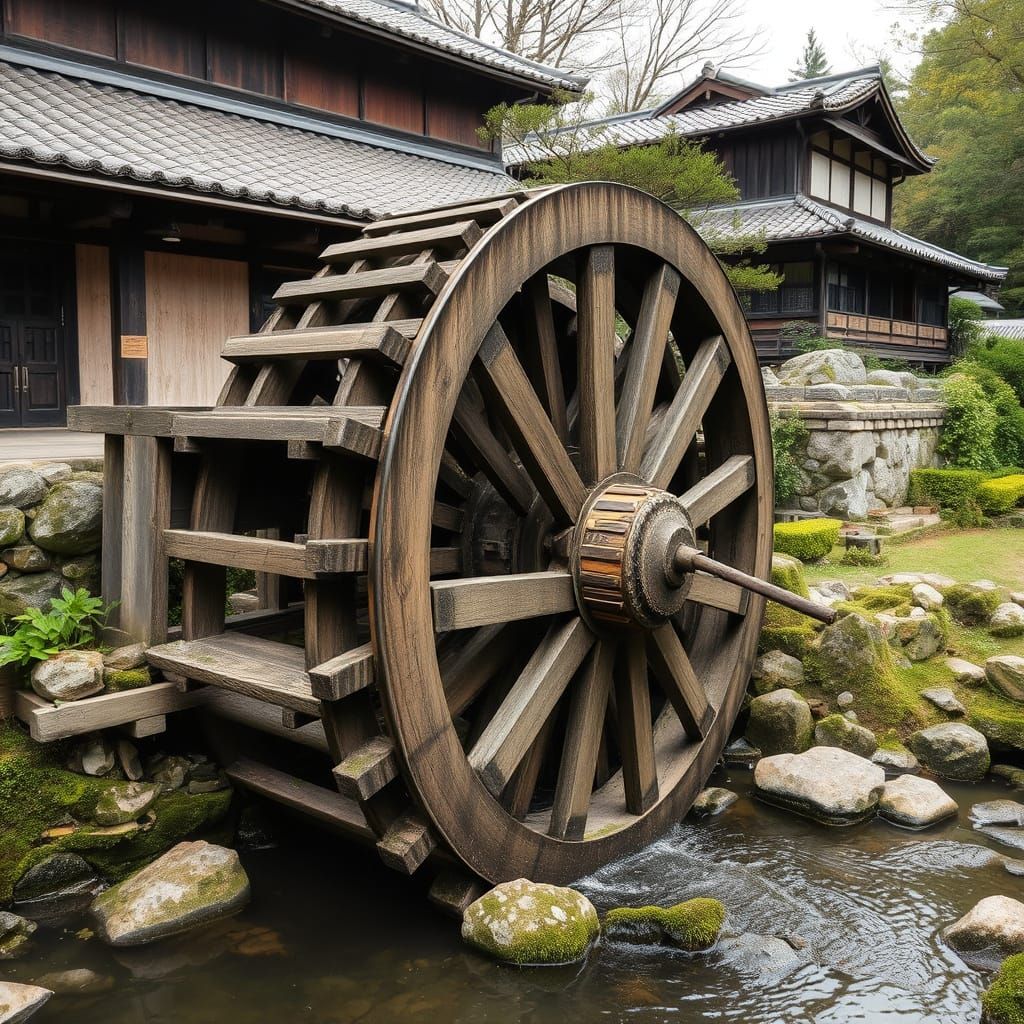 Ancient Japanese Waterwheel in Traditional Style