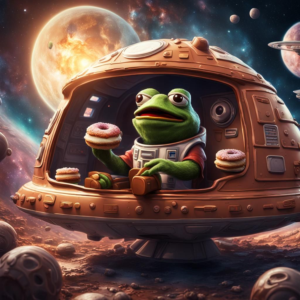 Hyperrealistic Pepe Delivers Doughnuts in Space