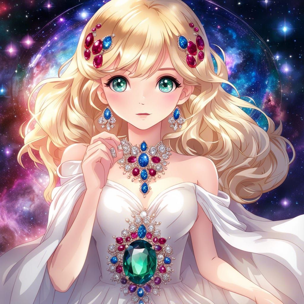 Anime Woman with Gemstone Eyes in Galaxy