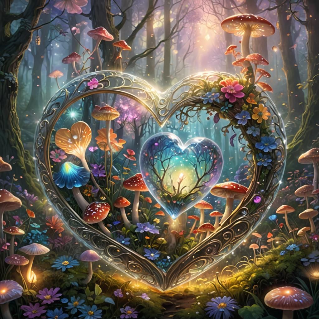 Glowing Crystal Heart in Ethereal Forest