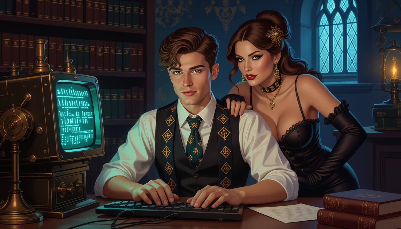 Wizard Programmer and Woman in Steampunk Style