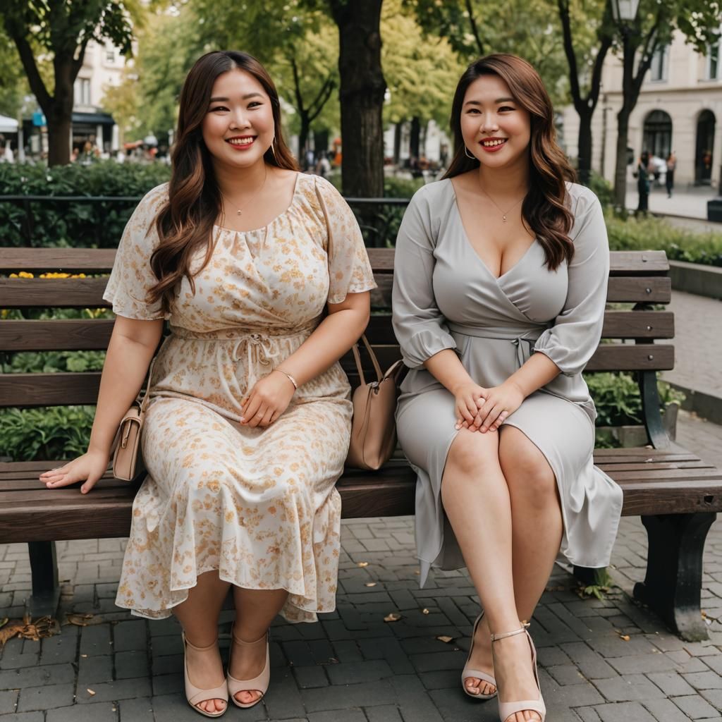 Two Girls Smiling on a Bench in Summer Dresses